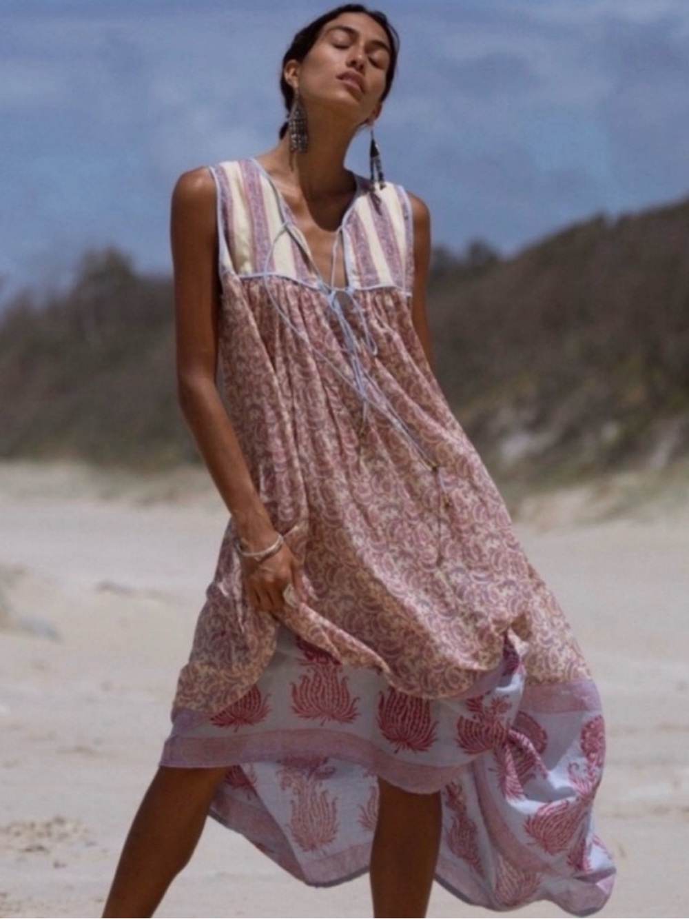 Daughters of India Bohemian Maxi Dress in Rust, Cream, and Dusty Blue